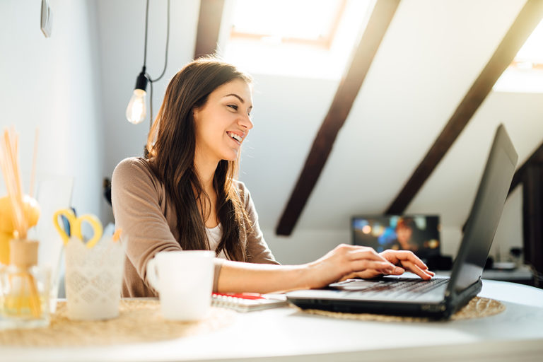 Woman working from home and recovering from a cosmetic procedure